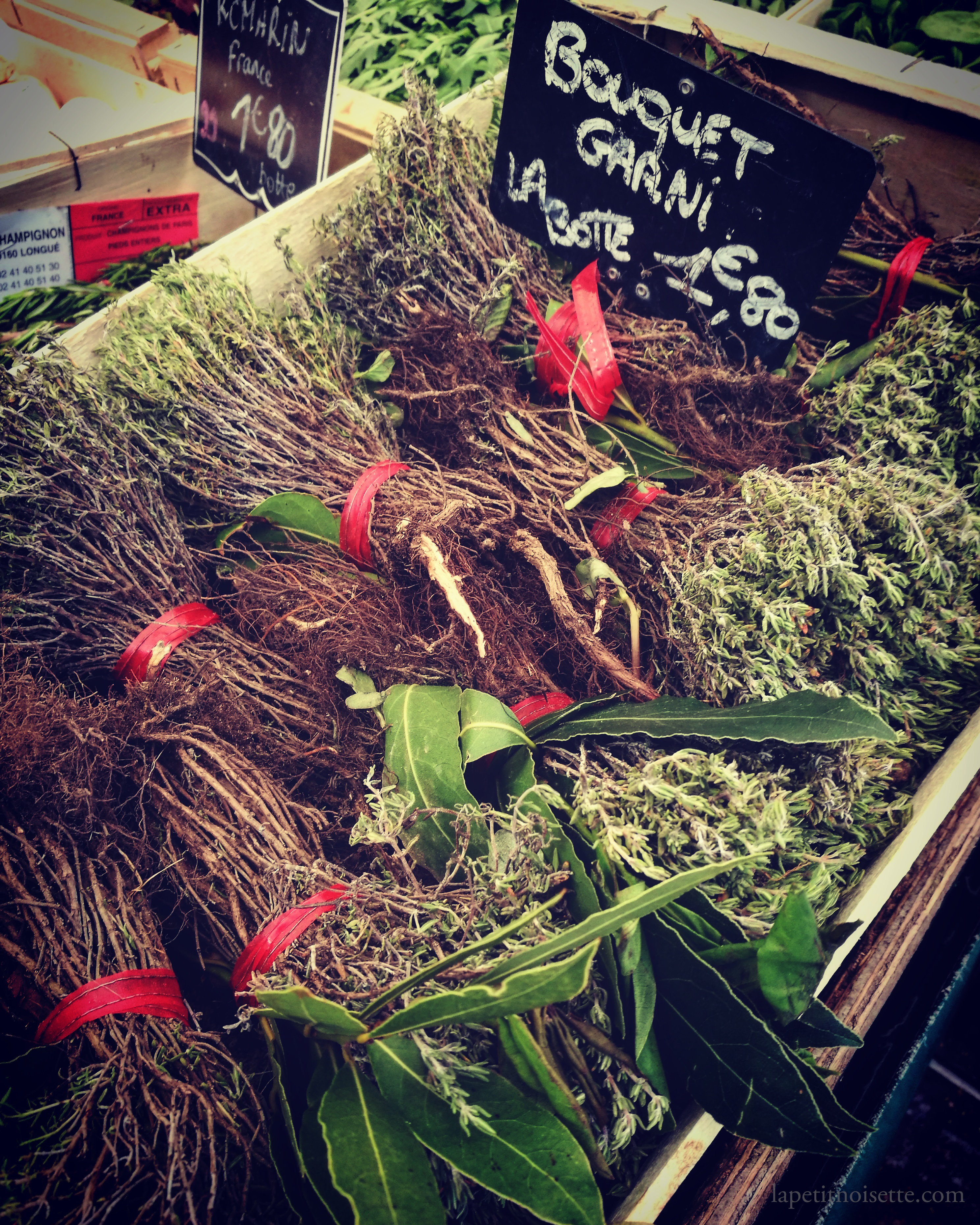 herbs on display in a market in France.