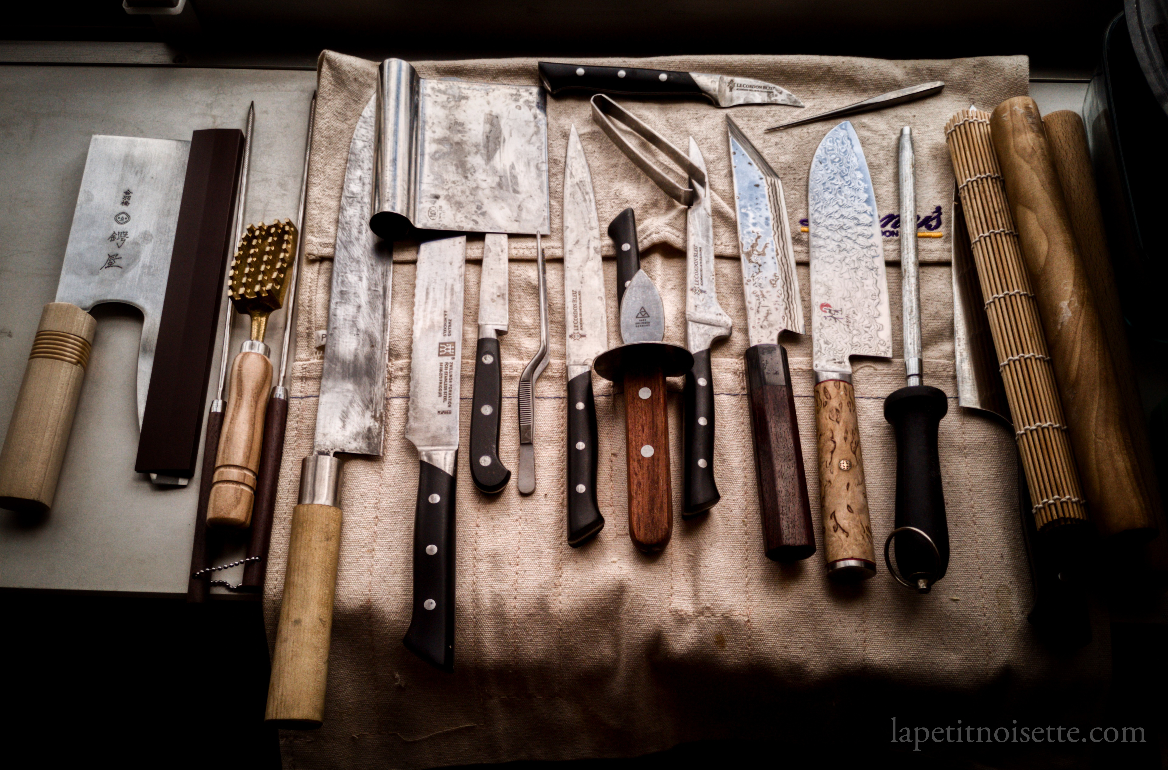 Various knives used in a Japanese kitchen.