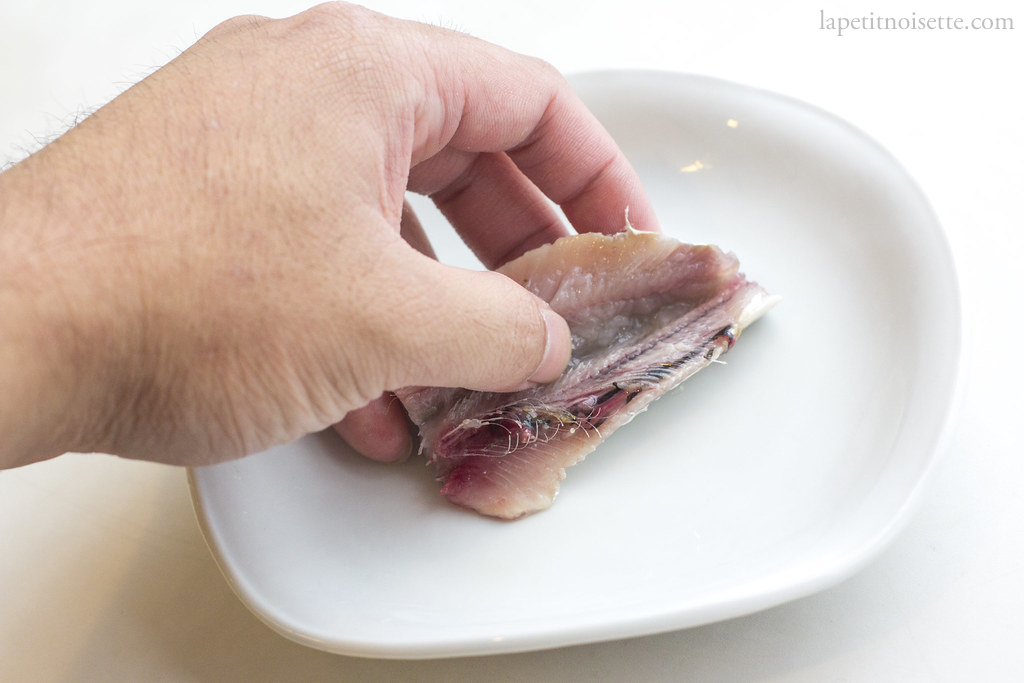 Steps in filleting a sardine for nigiri where the spine is separated from the flesh by hand. 
