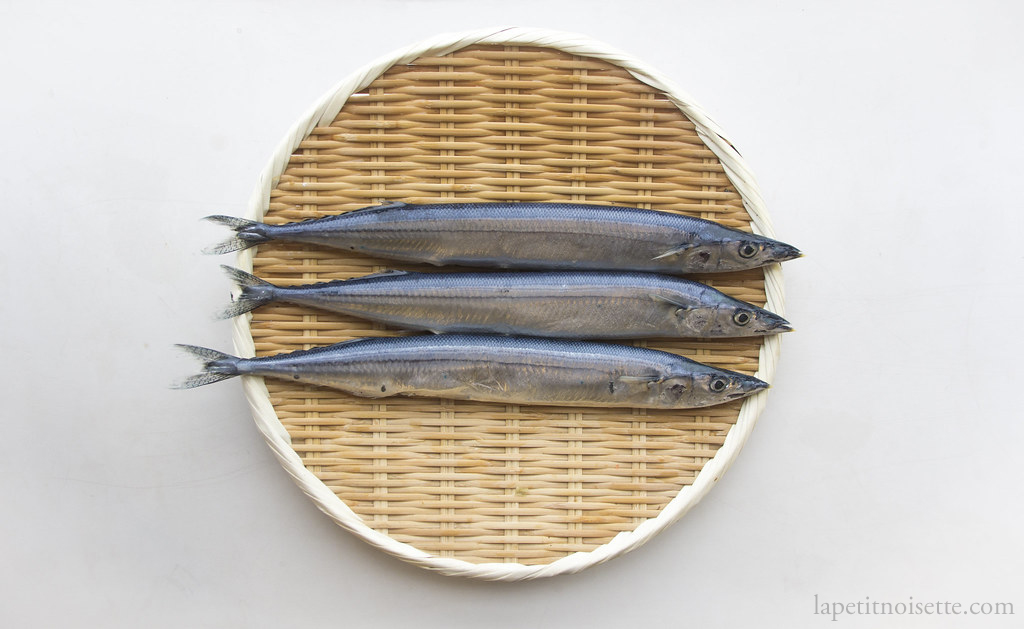 Three pieces of Sanma on a Japanese colander. 