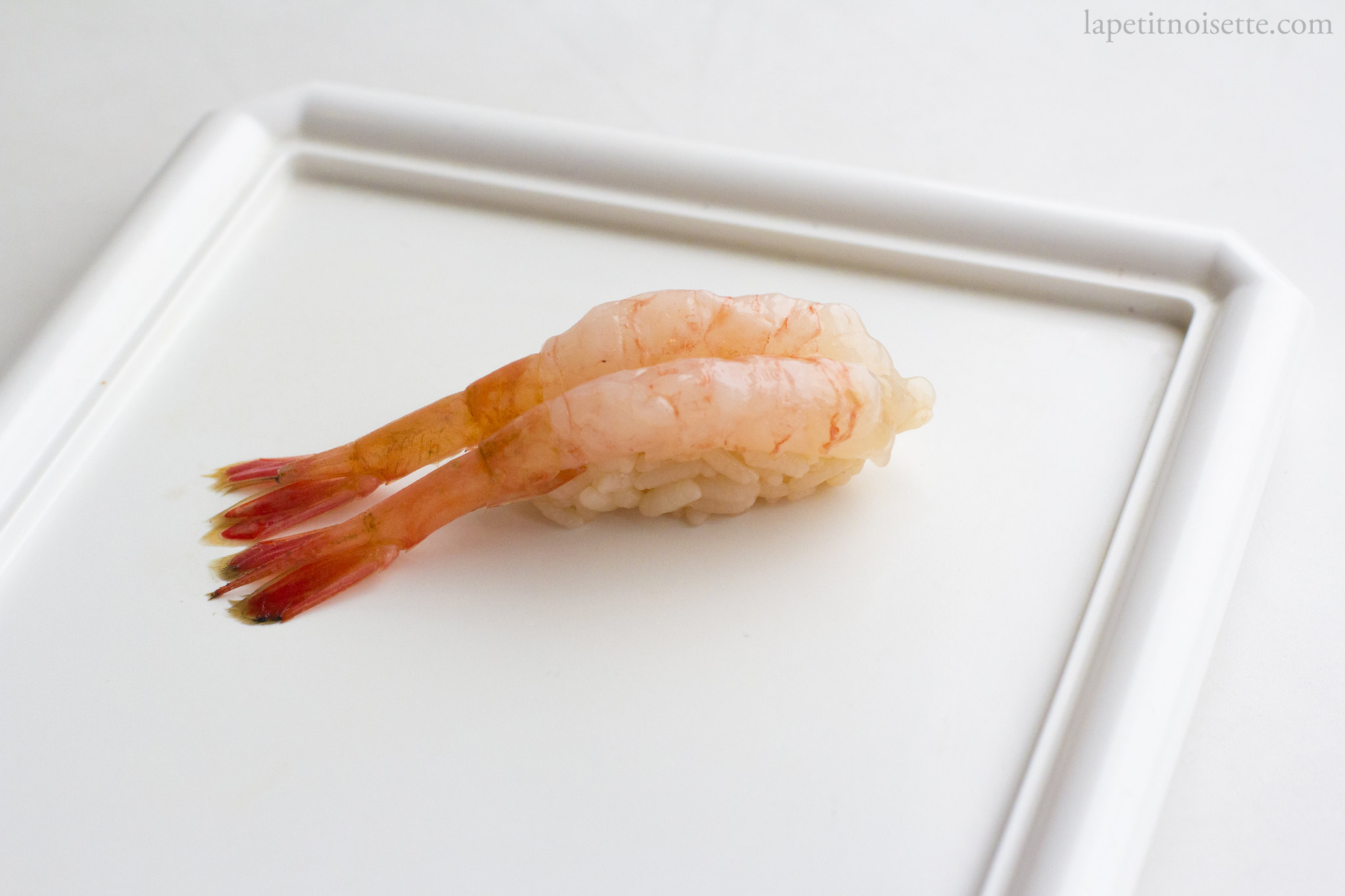 Amaebi nigiri made during practice at a Michelin star sushi restaurant.