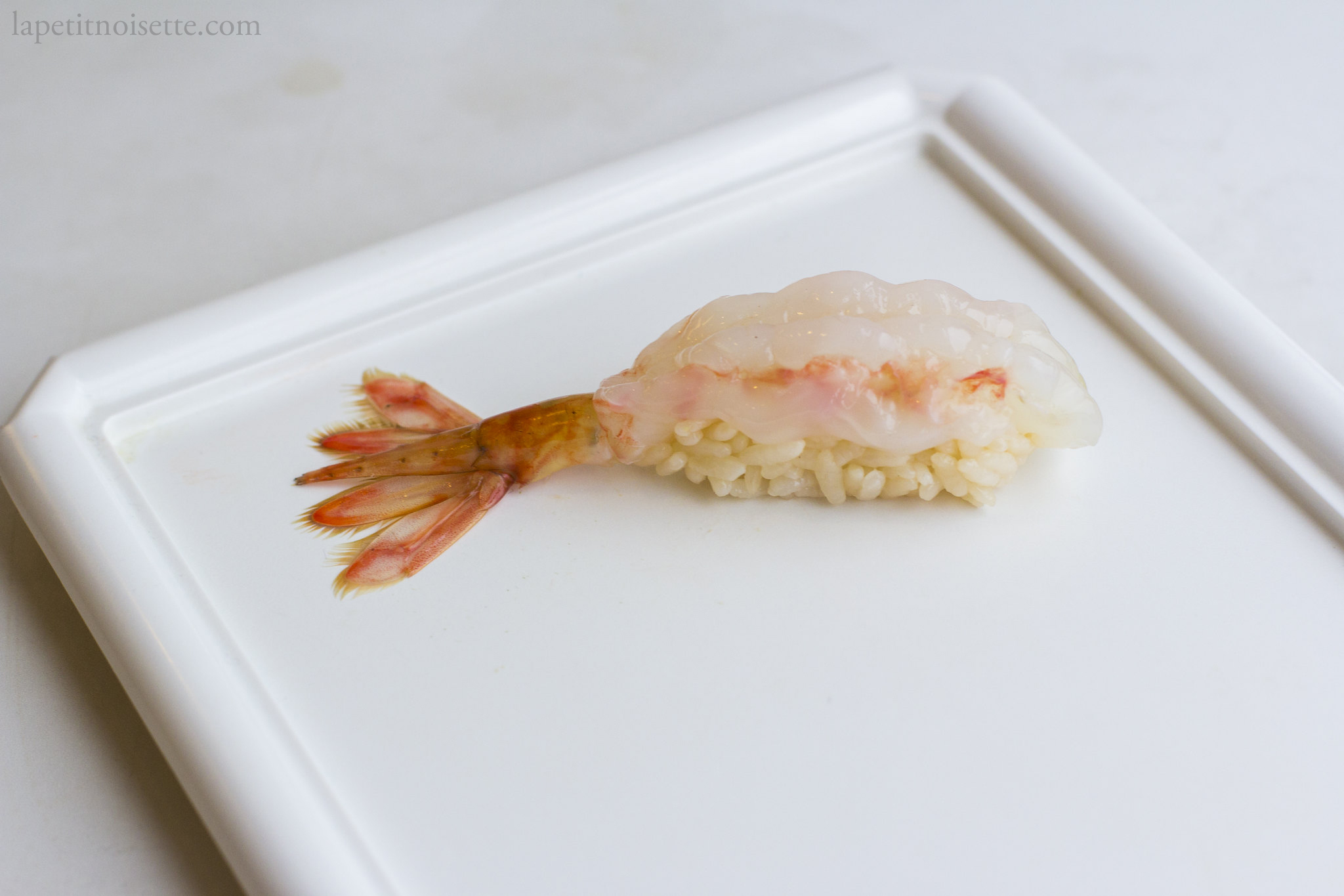 botan ebi nigiri made during practice at a Michelin starred sushi restaurant.