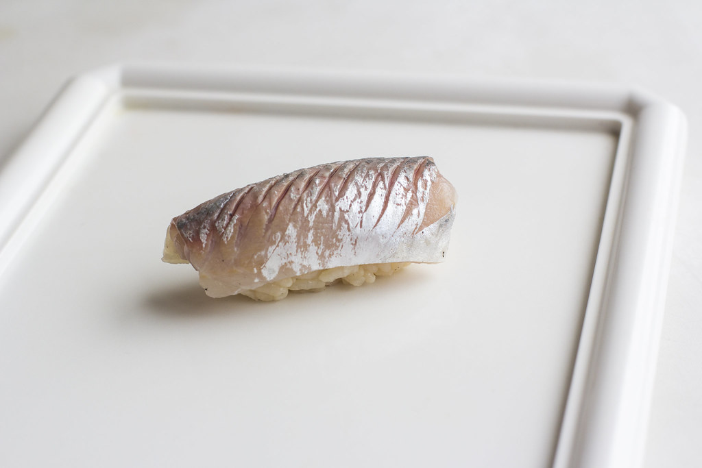 Horse mackerel edomae nigiri sushi.