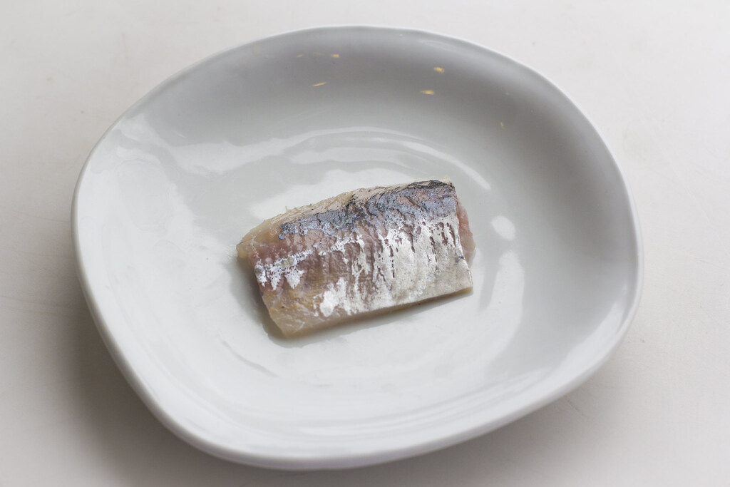 A horse mackerel fillet cut into the appropriate size for nigiri sushi.