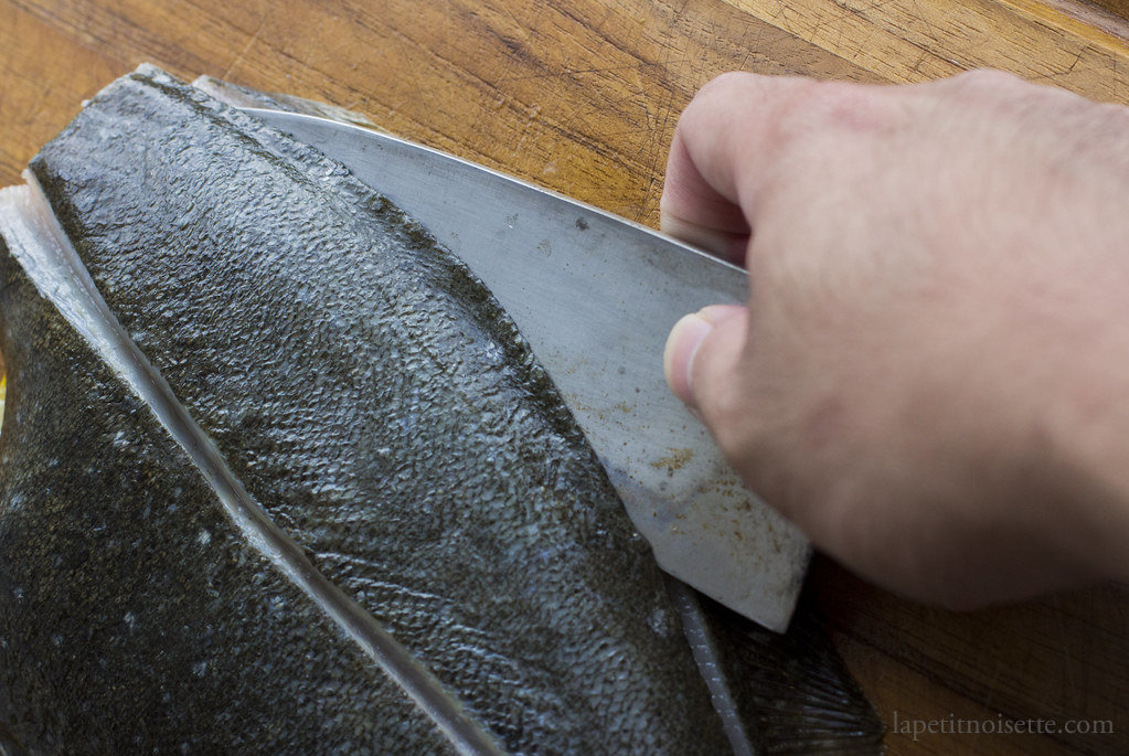 Removing the top fillet of an olive flounder.