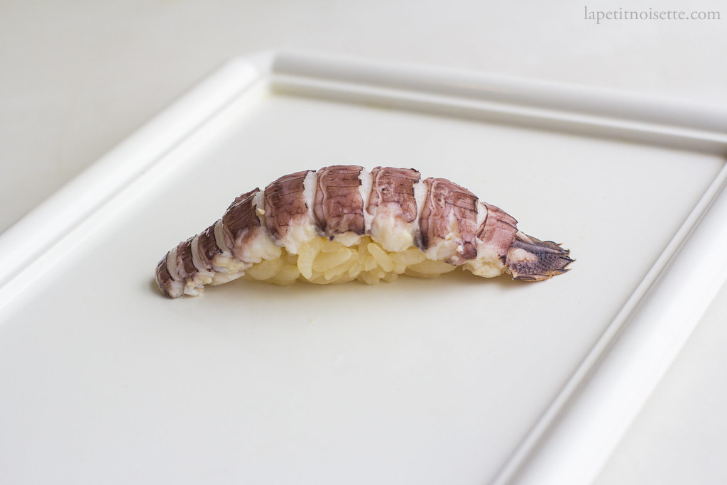 Traditional mantis shrimp edomae nigiri sushi.