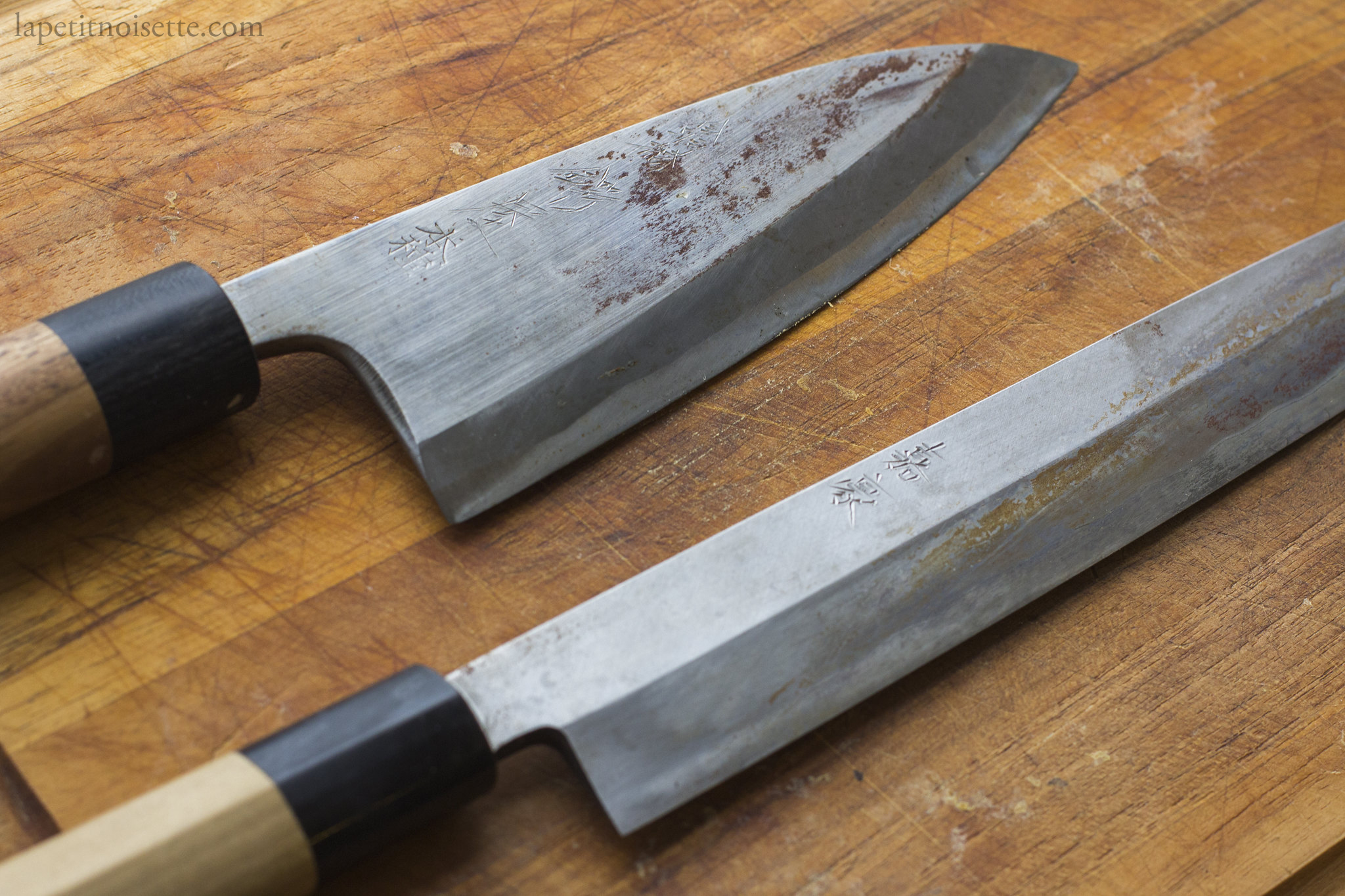 Cabon steel knives with rust build up.