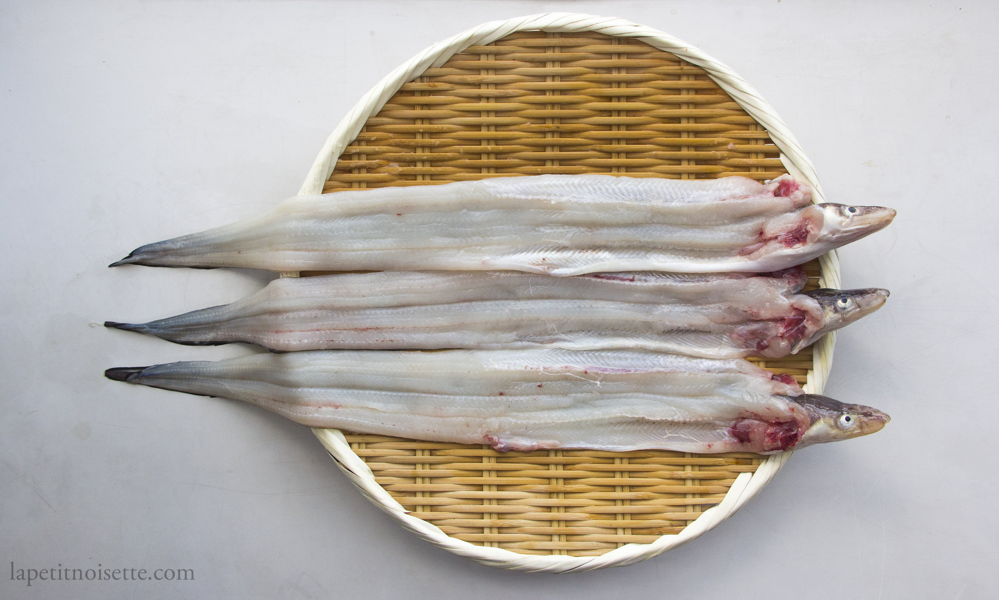 Filleted Japanese sea eel on a bamboo colander.