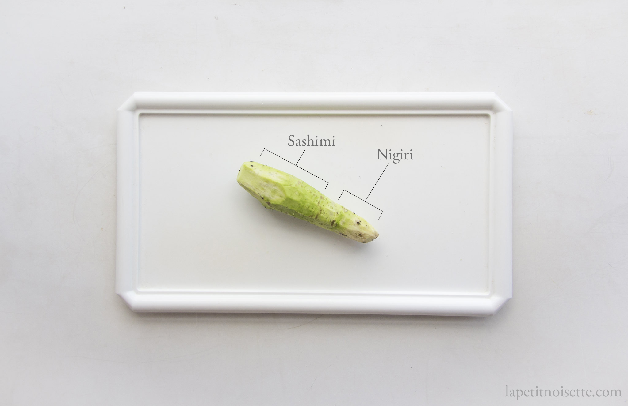 Different parts of a wasabi used in sushi making.