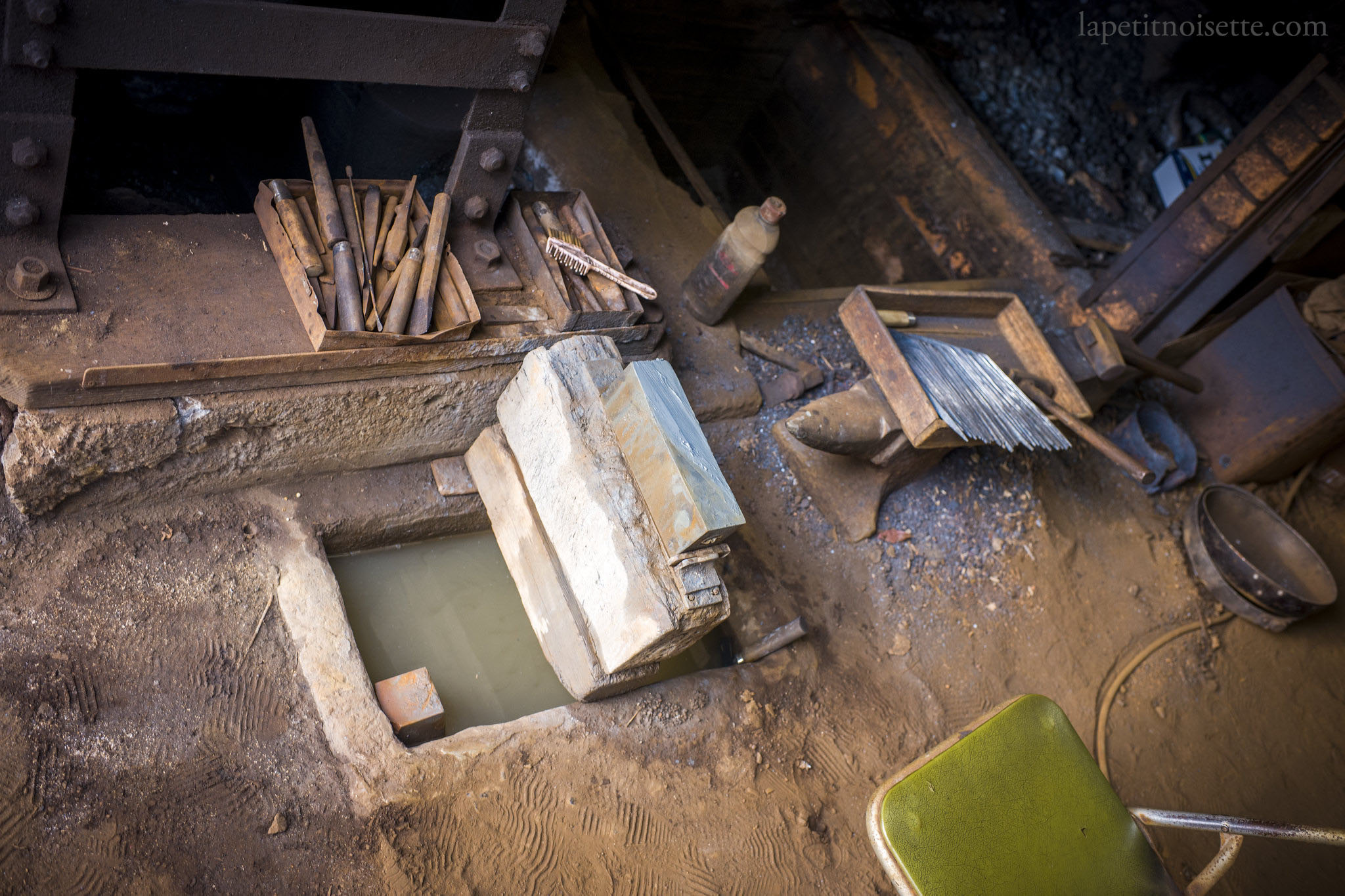 The whetstone set up Mr Obha uses to sharpening the blades of the knives in his Hakata workshop.