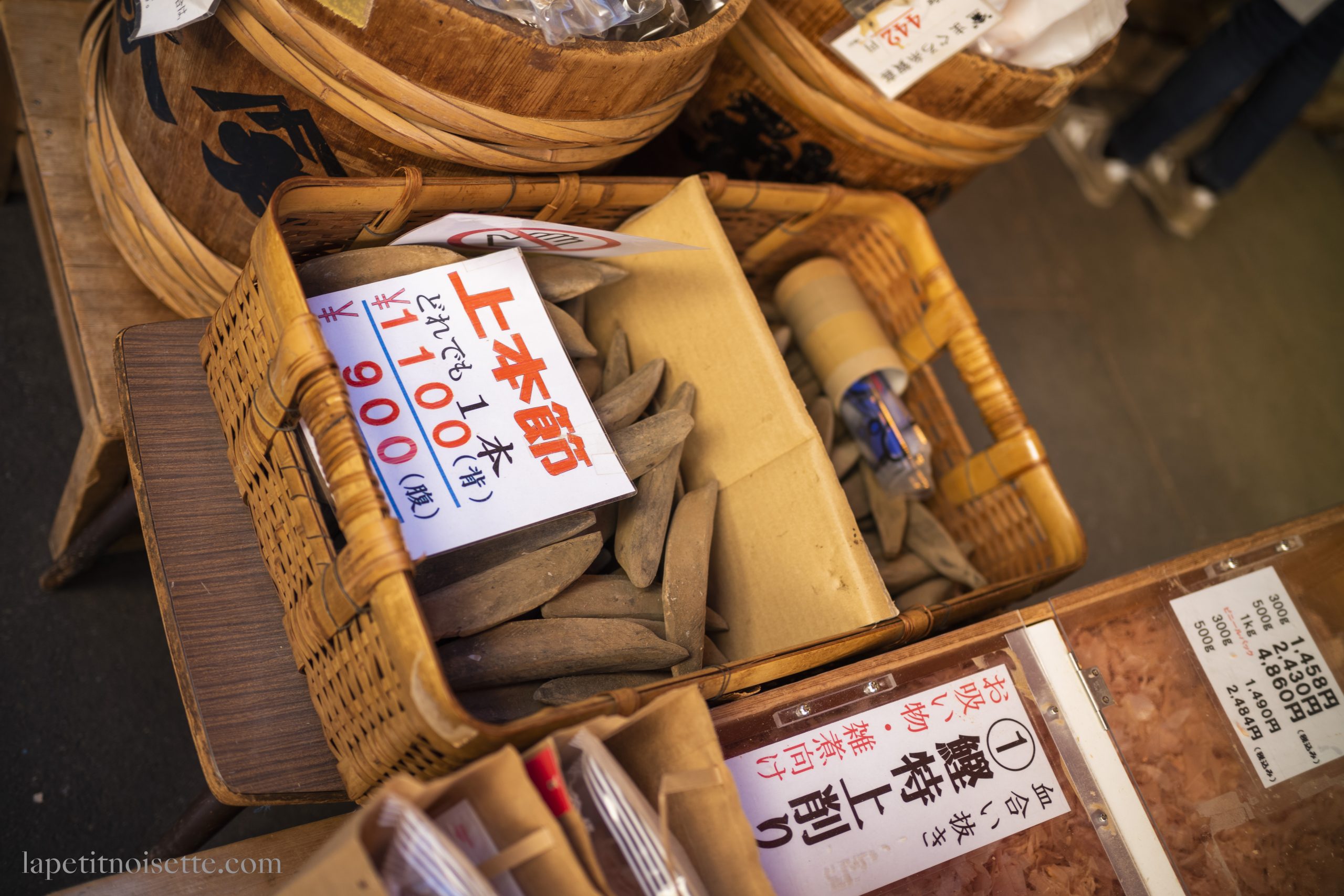 hon-katsuobushi being sold in a market in Japan.