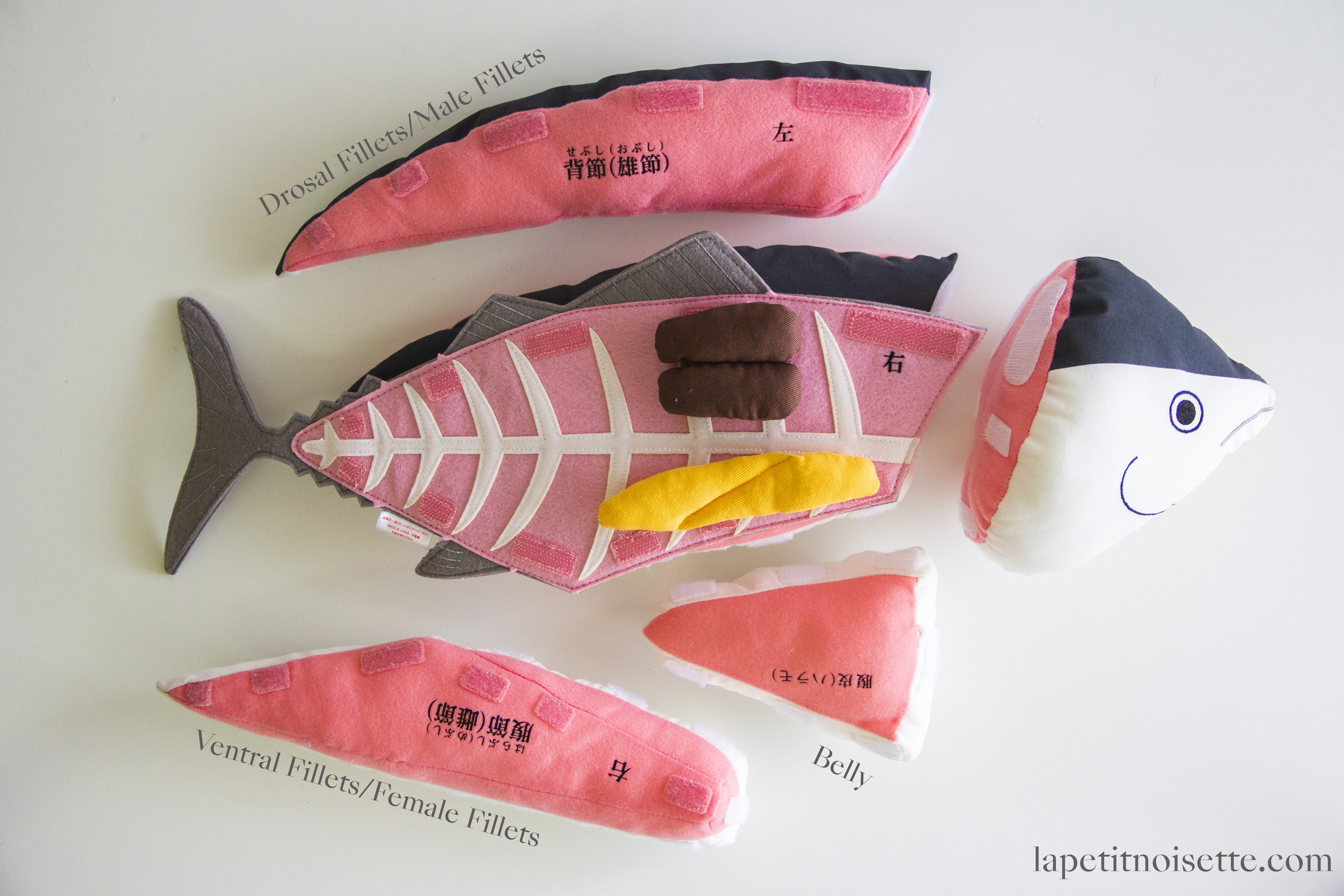 Different cuts of a Katsuobushi explained using a bonito soft-toy (カツオ解体君), including the  back fillets (背節 sebushi) and the stomach bushi (腹節 harabushi).
