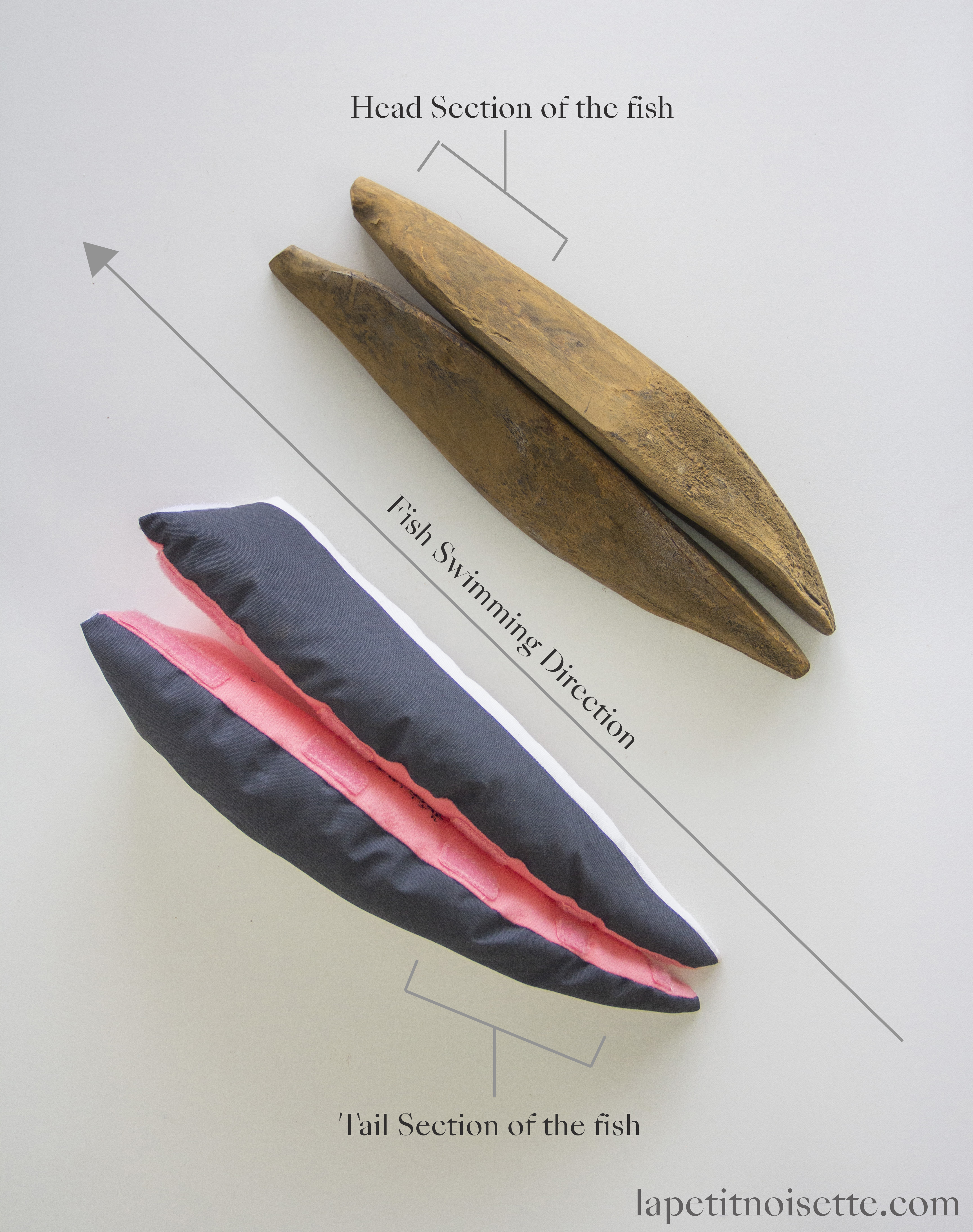 Image showing the left and right dorsal fillets of a katsuobushi and how to combine to work the back of the bonito. 
