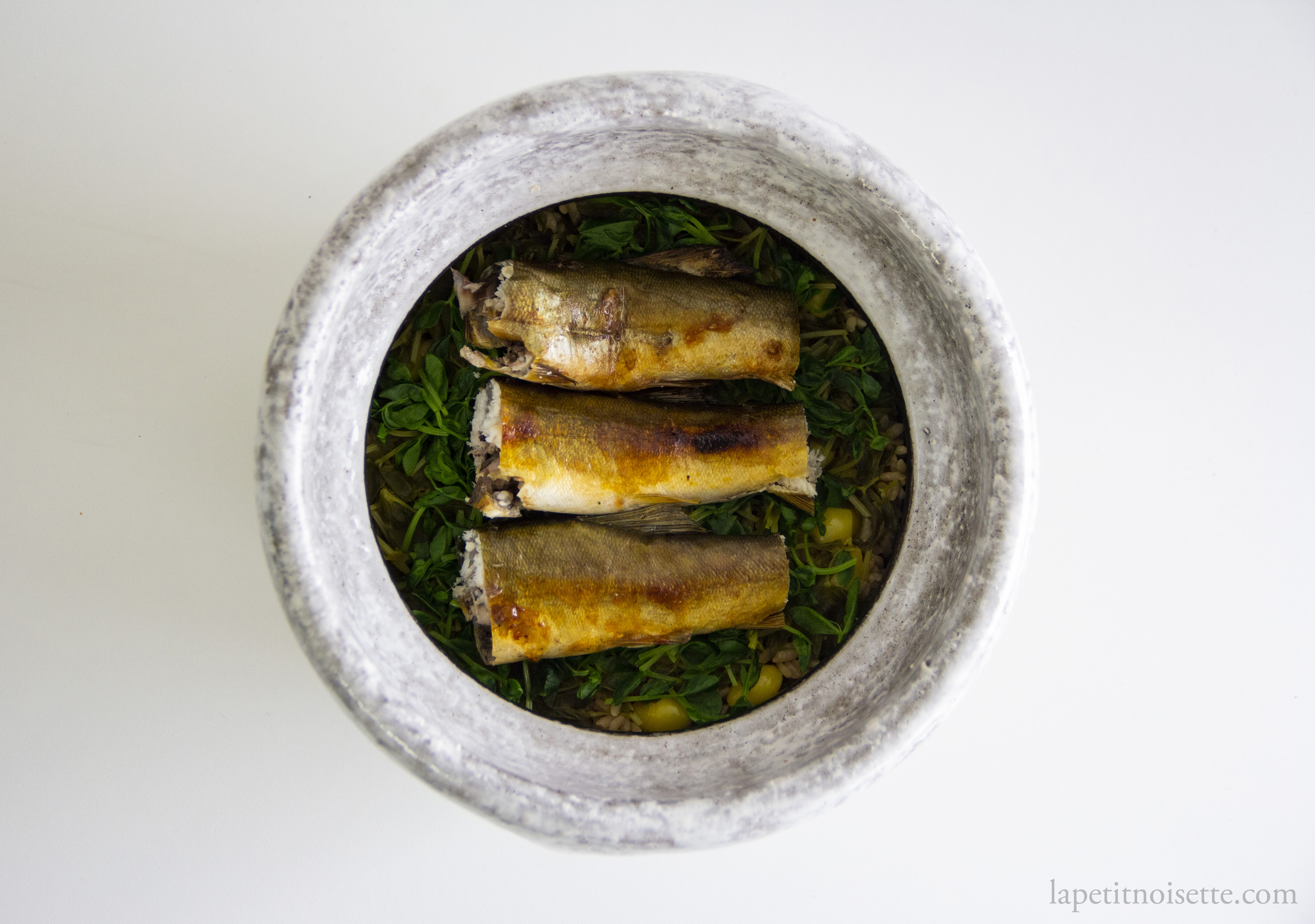 Grilled sweet fish served over rice cooked in a clay pot made by kumoi kiln.