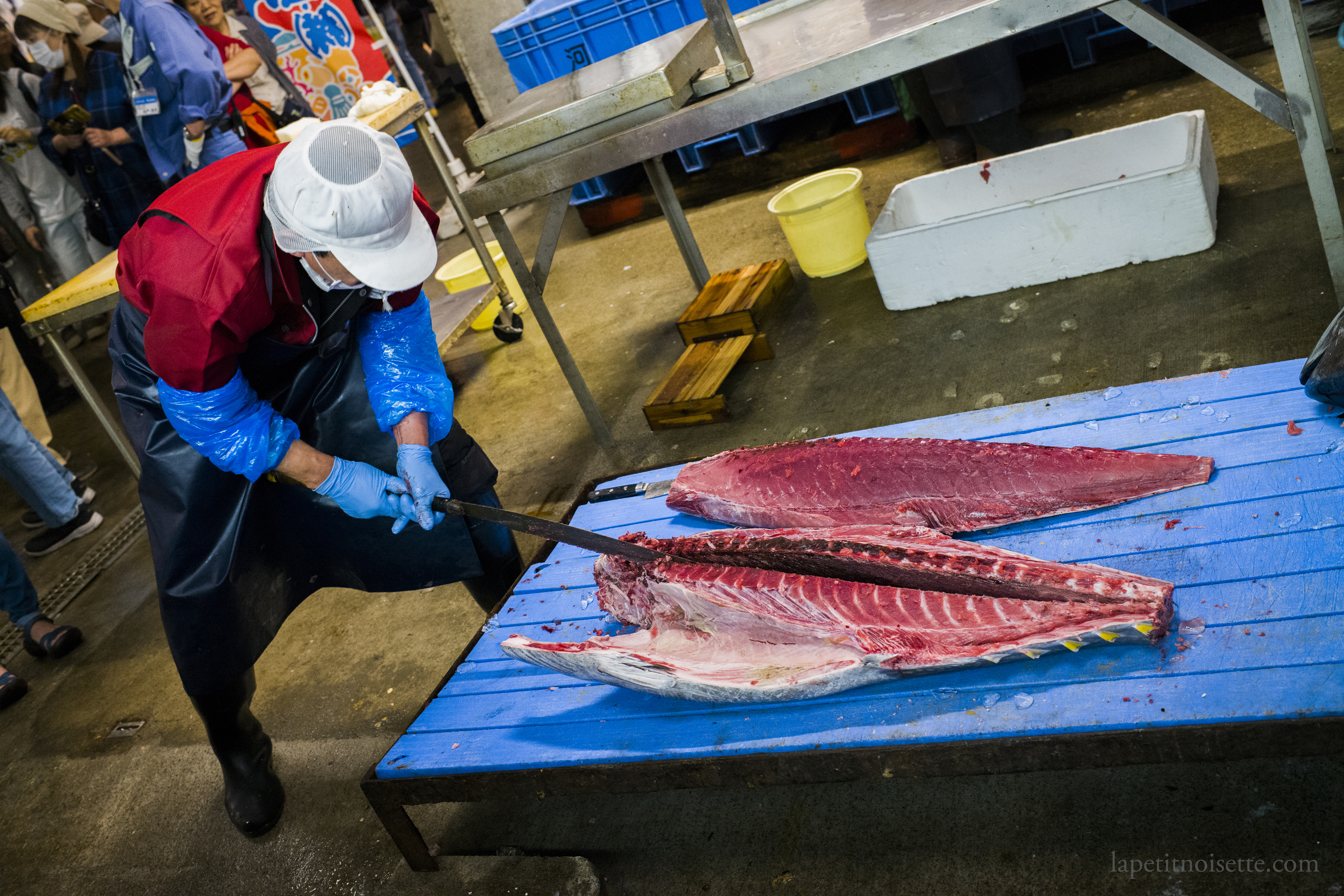 A bluefin tuna being cut at the Kyoto fish market.
