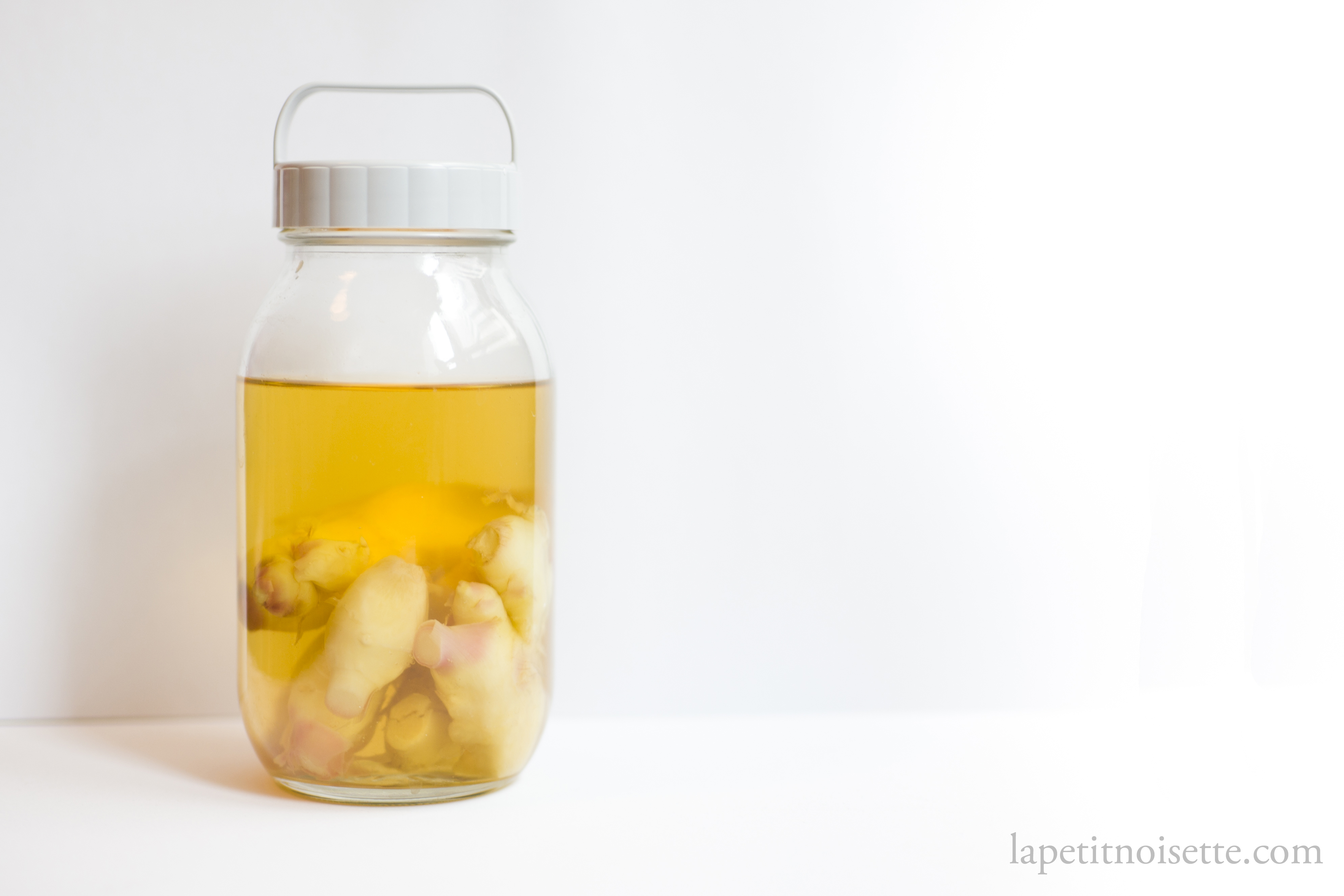 Young Japanese ginger pickling in white vinegar in a jar.