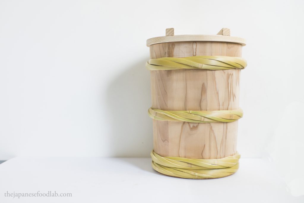 Traditional wooden miso fermentation barrel or vessel.