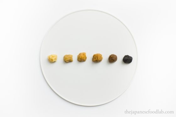 The different types of Japanese miso arranged by colour which is related to how long it's aged for.