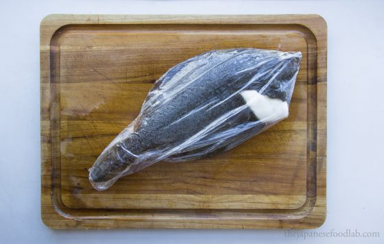 Wet aged flatfish (hirame) for sushi.