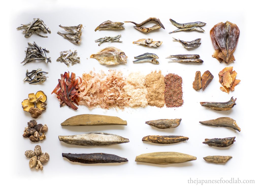 The many different types of ingredients used to make Japanese dashi. 