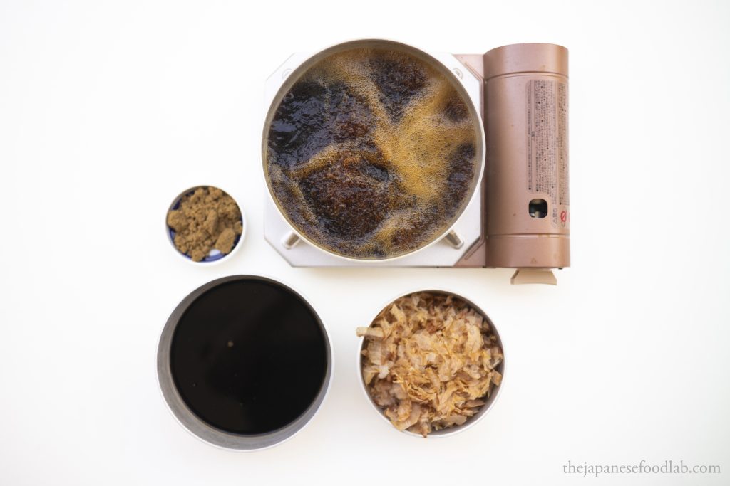 Tendon tare being made by boiling sake and mirin together first to evaporate any alcohol. 